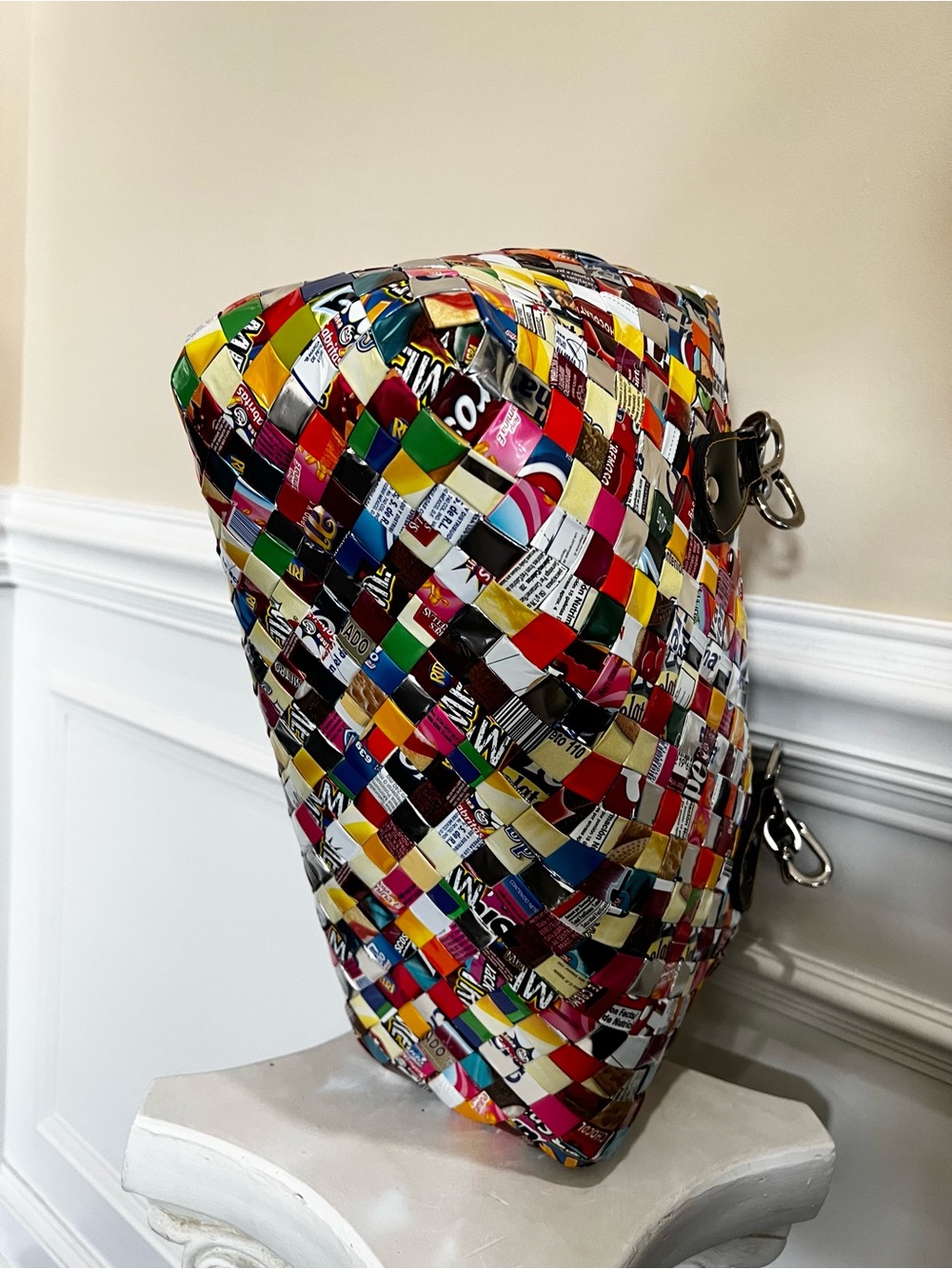 Recycled, Patchwork Hand Woven Candy Wrappers Structured Large Satchel. - Picture 8 of 17